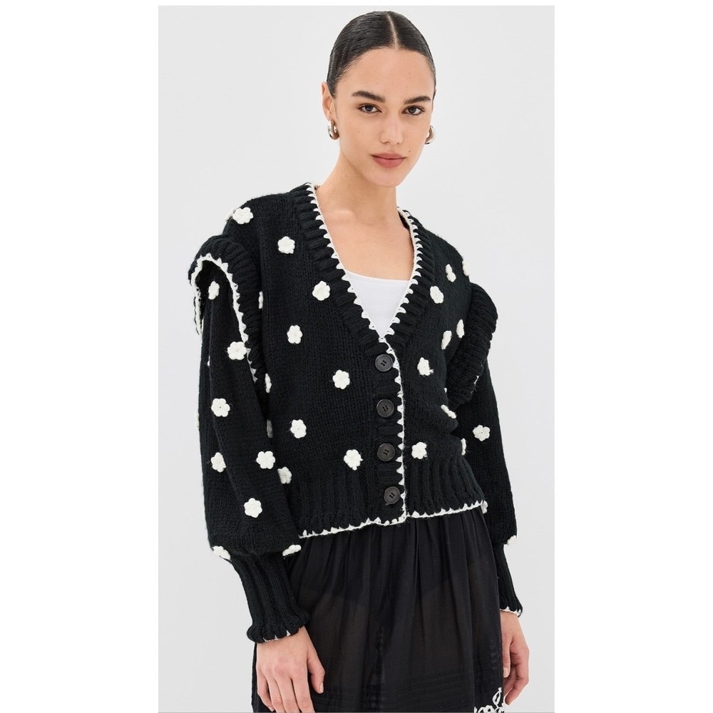 FARM Rio x Anthropologie Black and White Flowers Knit Cardigan Ruffle Shoulder M